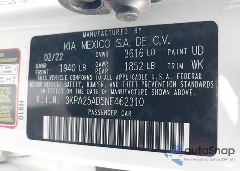 2022 Kia Rio 5-Door S from USA, damaged, VIN 3KPA25AD5NE462310